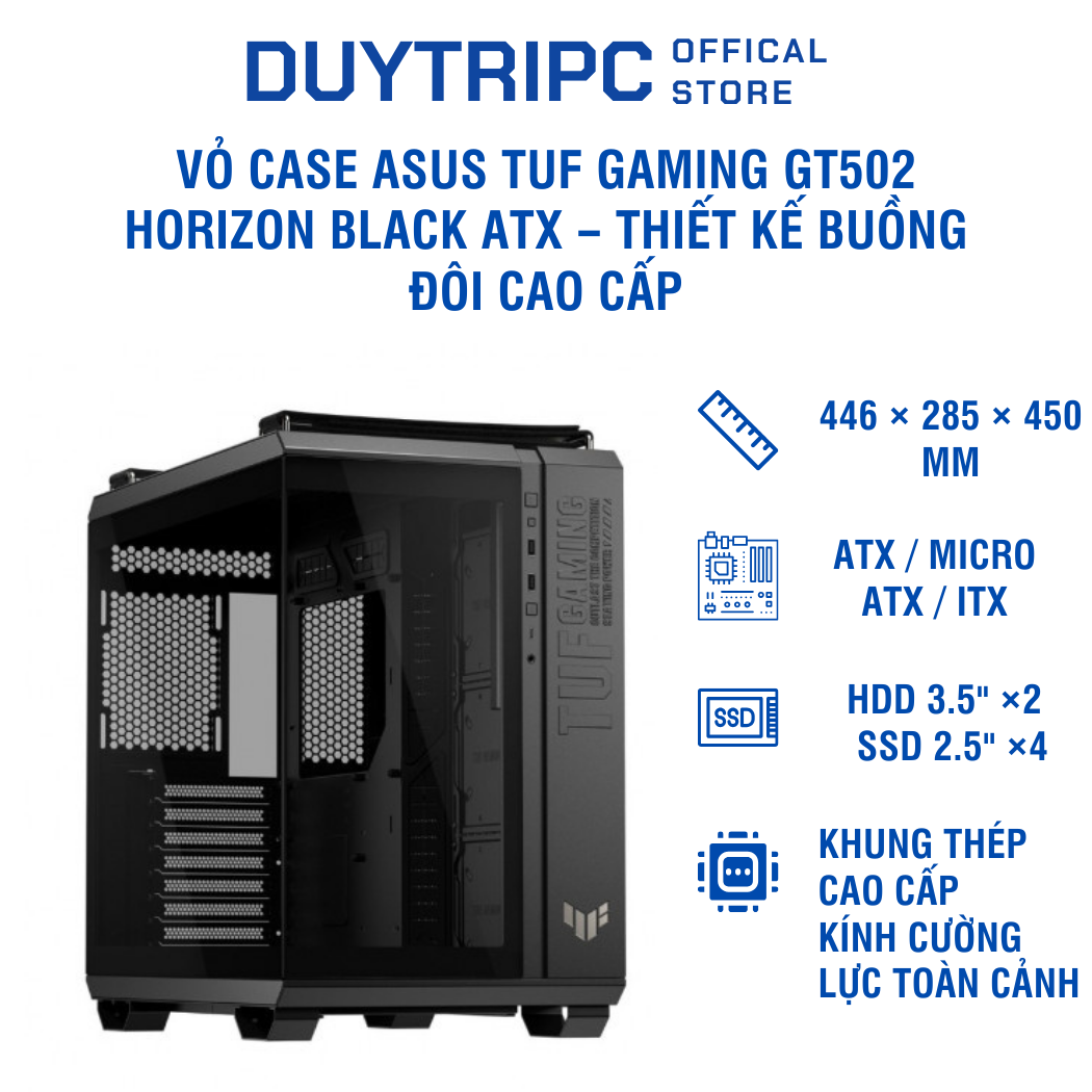 Vỏ Case ASUS TUF Gaming GT502 Horizon Black ATX – Thiết kế buồng đôi cao cấp, kính cường lực toàn cảnh, airflow mạnh mẽ